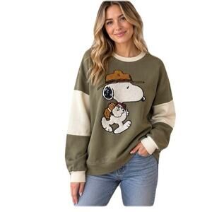 Peanut Snoopy Camp Crewneck Sweatshirt Mens Large Green Tan Embroidered Outdoors